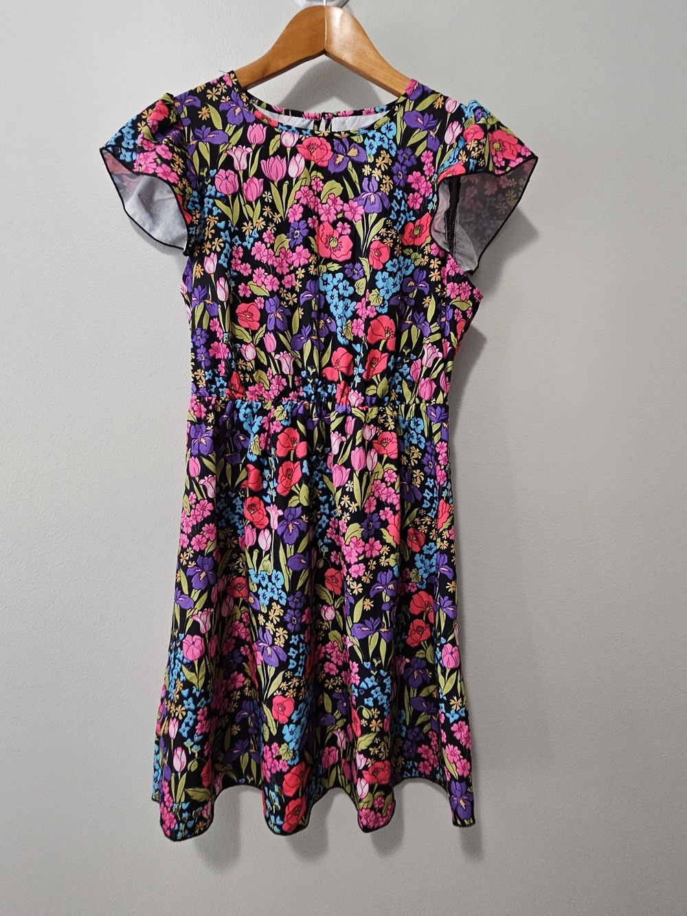 Black Mini Dress with Pink, Purple & Blue Floral Print